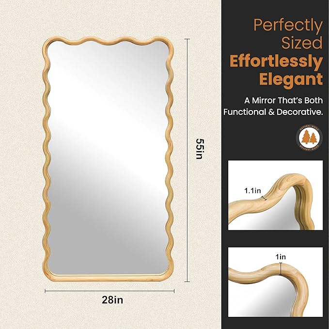 Wavy Mirror for Wall, 55"x28" Boho Wavy Wood Mirror Large Full Length Decorative Mirror with Tempered Glass, Natural Wooden Frame Vanity Mirror for Bedroom, Living Room, Entryway