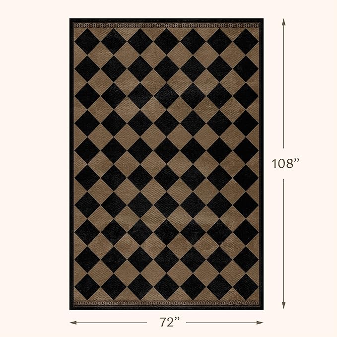 Easy Jute Indoor Outdoor Checkered Rug for Dining Room 6x9, Stain Resistant Non-Slip Geometric Black and Brown Diamond Living Room Rug, Durable Boho Border Low Pile Carpet Decor for Bedroom and Office
