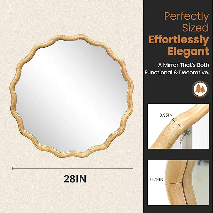 Round Wood Mirrors for Wall, 28" Boho Circle Wavy Mirror with Wooden Frame, Decorative Mirror with Tempered Glass, Natural Wooden Frame Vanity Mirror for Bedroom, Living Room, Entryway