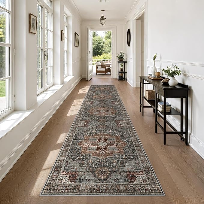 Washable Runner Rug 2.6x10 Runners for Hallways, Ultra-Thin Carpet Runners for Entryway Anti Slip Backing Runner Rugs for Kitchen Laundry Room Indoor Hallway (Grey/Brown/Tan)