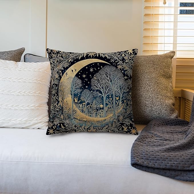 Dark Vintage William Morris Night Moon Forest Decor Pillow Covers 18x18,Black Forest Decor,Dark Dcademia Floral Decorative Throw Pillow Covers for Home Bedroom Living Room