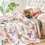 Boho Butterfly Throw Blanket 60"x80" Twin Size Bed Blanket,100% Cotton Reversible Soft Breathable Lightweight Spring Decorative Blankets with Tassels for Couch Sofa Decor All Season