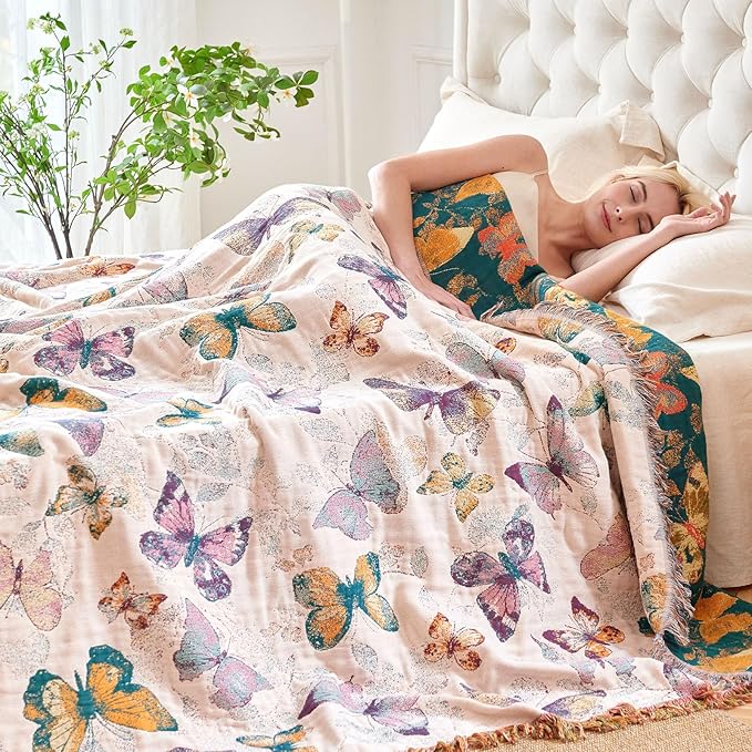 Boho Butterfly Throw Blanket 60"x80" Twin Size Bed Blanket,100% Cotton Reversible Soft Breathable Lightweight Spring Decorative Blankets with Tassels for Couch Sofa Decor All Season