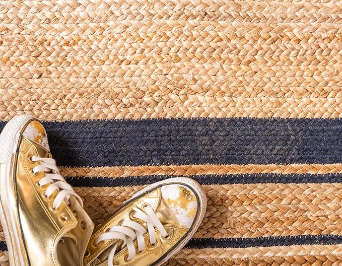 Unique Loom Braided Jute Collection Classic Quality Made Natural Hand Woven with Coastal Design Area Rug (2' 6 x 6' 0 Runner, Natural/ Navy Blue)