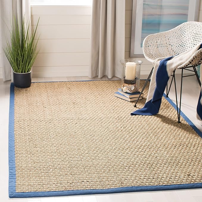 SAFAVIEH Area Rug 10x14 - Natural Fiber Collection - Large - Natural & Navy, Seagrass, Basketweave Pattern with Border (NF114T)