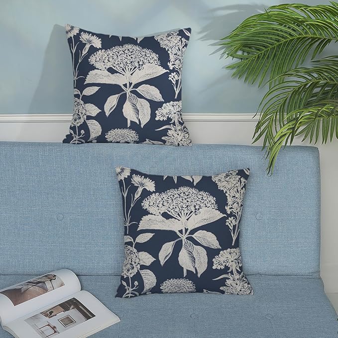Blue Pillow Covers 18x18 Set of 2 Boho White Floral Throw Pillows Hydrangea Herbs Botanical Decoration Pillowcase Linen Farmhouse Vintage Flower Cushion Case Outdoor Decorative for Couch Sofa