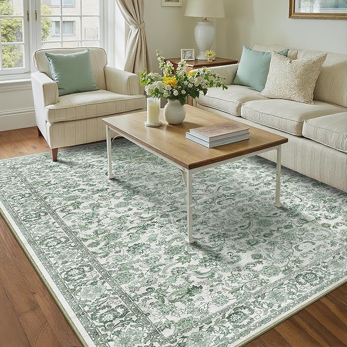 HUGEAR Green Area Rug 5x7 Machine Washable Living Room Rugs Distressed Neutral Vintage Floral Low Pile Carpet Bedroom Office Dining Room Laundry Room Non Slip Soft Lightweight