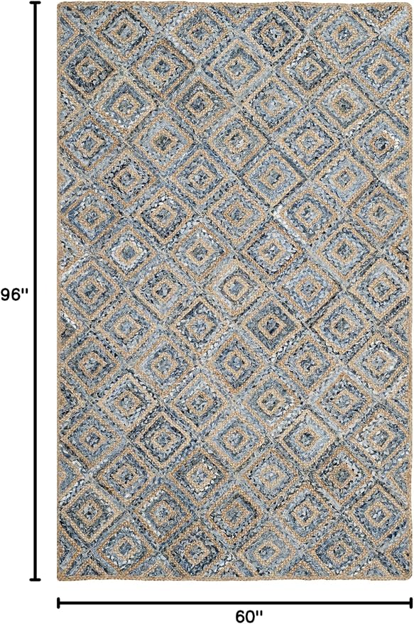 SAFAVIEH Cape Cod Collection Area Rug - 5' x 8', Natural & Blue, Handmade Flat Weave Diamond Braided Jute & Denim, Ideal for High Traffic Areas in Living Room, Bedroom (CAP354A)