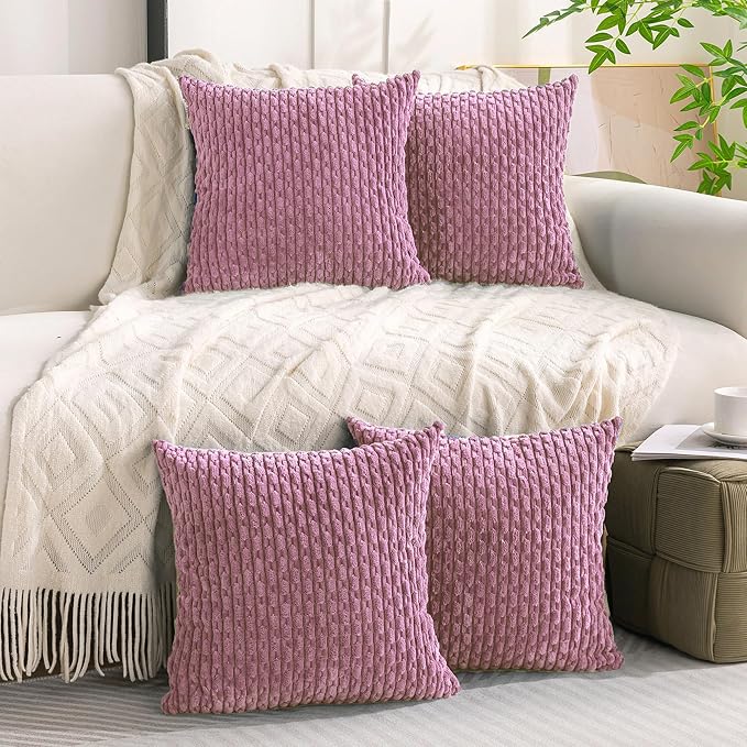 Set of 4 Pink Decorative Throw Pillow Covers 18x18 Inch Corduroy Pillow Covers for Bed Couch Sofa Living Room Soft Square Cushion Cases