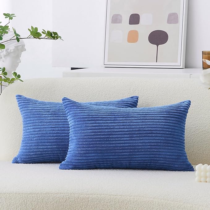 Home Brilliant Lumbar Pillow Covers 12x20 Dark Blue Plush Velvet Corduroy Striped Throw Pillow Covers for Couch Bed Living Room, 12 x 20 inch, Blue