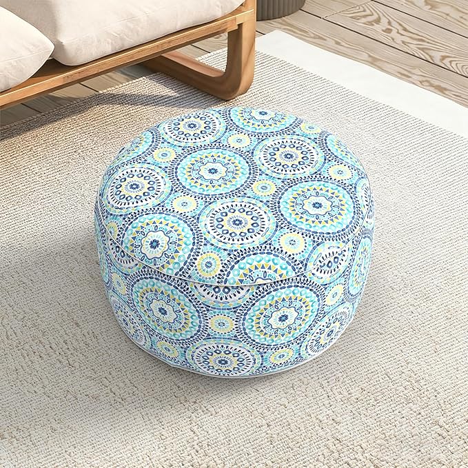 LVTXIII Indoor/Outdoor Extra Large Inflatable Ottoman Pouf D31 x H14 Inch, Round Footstool with Handle, Weather-Resistant Portable Furniture for Patio, Camping, Beach, Delancey Lagoon