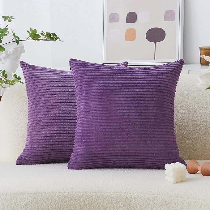 Home Brilliant Purple Decorative Pillows Solid Striped Corduroy Plush Velvet Pillow Covers for Couch Sofa Bed, 50cm, 20 x 20 Inch, Eggplant
