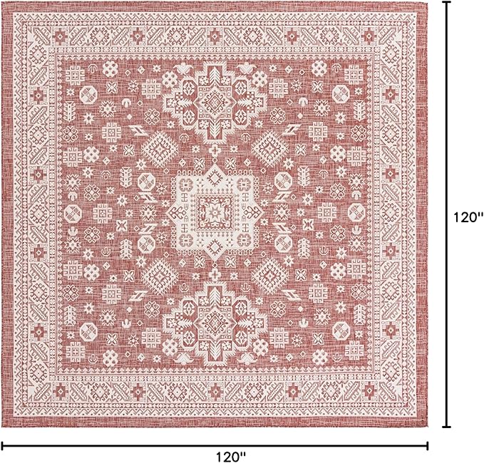Rugs.com Outdoor Aztec Collection Rug – 10 Ft Square Rust Red Flatweave Rug Perfect for Living Rooms, Kitchens, Entryways