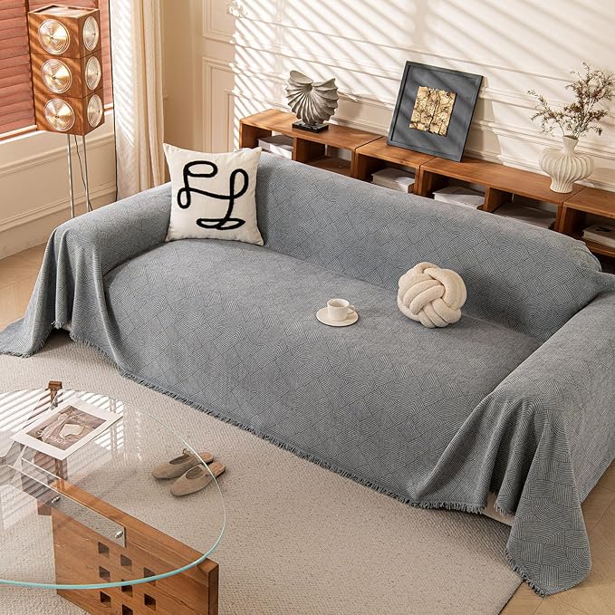 ROOMLIFE Light Gray Waterproof Couch Cover Sofa, Chenille Couches Covers for 3 Cushion Sofas, Non Slip Soft Breathable Sofa Slipcovers for Pet, Washable Furniture Protector with Tassel,71''X134”