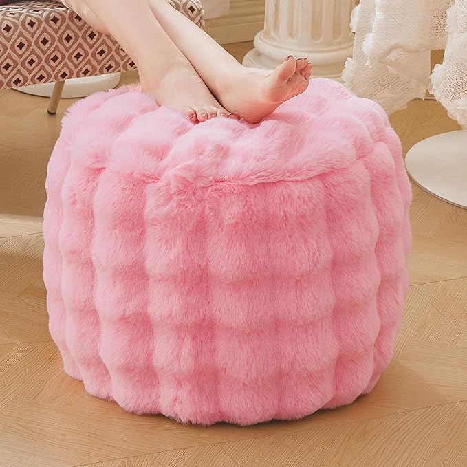 LIFEREVO Faux Rabbit Fur Round Inflatable Pouf Ottoman, 20" X 16" Plush Fuzzy Waffle Bubble Floor Poufs Foot Rest for Living Room Bedroom, Furry Pouf Chair Foot Stool Home Decor, Anti-Slip, Pink