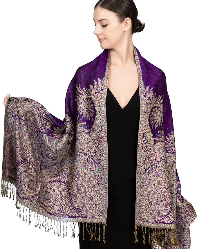 Achillea Reversible Paisley Pashmina Rave Scarf – Exotic Indian Shawls and Wraps for Evening Dresses, Festivals, All Seasons
