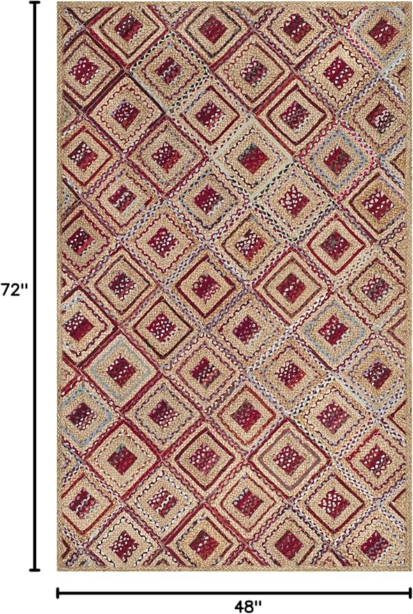SAFAVIEH Cape Cod Collection Accent Rug - 4' x 6', Natural & Red, Handmade Flat Weave Diamond Braided Jute & Denim, Ideal for High Traffic Areas in Entryway, Living Room, Bedroom (CAP354B)