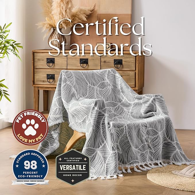 DOWN HOME Chenille Cotton Throw Blanket for Couch, Lightweight Boho Blanket for Bed Sofa Chair Living Room Outdoor Soft Woven Decorative Blanket with Tassel Gift Grey Leaves 60"x80"