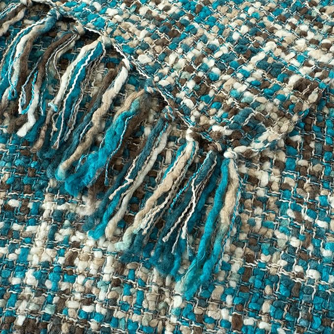 Multi-Color Teal Cable Woven Throw Blanket for Couch,60"X80" Boho Style Textured Blankets for Home Decor,Super Soft Warm Cozy Chunky Blanket with Decorative Tassels for Bed and Sofa
