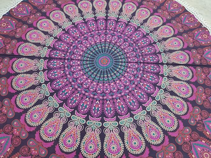 Round Beach Tapestry Turquoise Mandala Throw/Boho Hippie Beach Blanket Roundie/Indian Cotton Bohemian Large Round Table Cloth-Home Decor/Yoga Mat Meditation Picnic Rug (42", White And Pink)