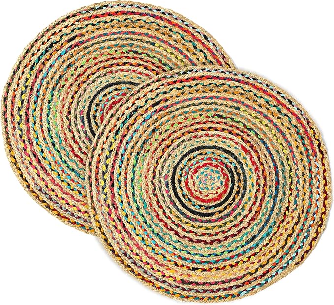 · REDEARTH · Jute Cotton Chindi Area Rug - 3' Round Rug, Handwoven, Non-Shedding, Soft & Durable – Multi Tones for Home Décor in Living Room, Dining Room, Bedroom, Set of 2