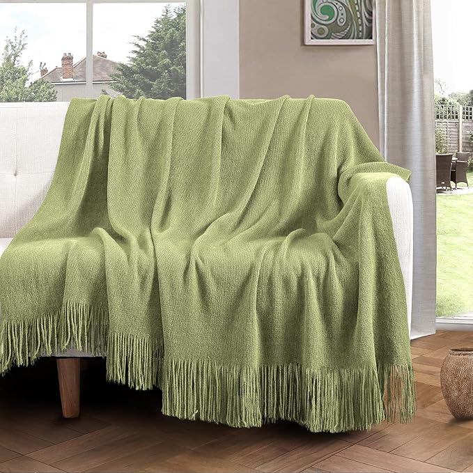 Vonty Olive Green Knitted Blanket with Tassels Fringe 50" x 60", Super Soft Knit Throw Blanket, Farmhouse Decorative Lightweight Blanket for Couch, Sofa, Bed