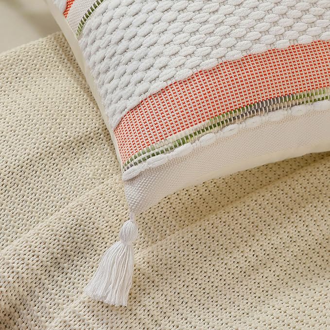 Set of 2 Boho Pillow Covers with Tassels Orange White 18x18 Inch Farmhouse Decorative Chenille Tufted Striped Throw Pillow Covers, Neutral Accent Square Pillowcase for Couch Bed Living Room
