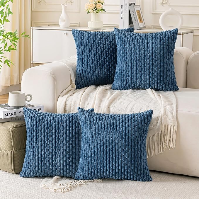 Set of 4 Blue Decorative Throw Pillow Covers 18x18 Inch Corduroy Pillow Covers for Bed Couch Sofa Living Room Soft Square Cushion Cases