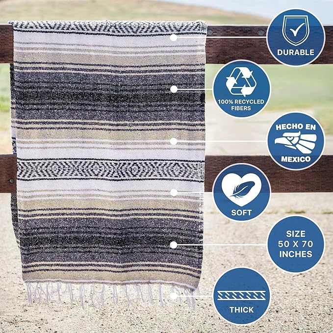 Benevolence LA Authentic Handwoven Mexican Blanket | Yoga Blankets, Outdoor, Picnic, Beach, Camping | Equestrian Saddle | Serape 50x70 inches - Sand, Pack of 1