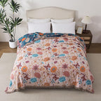Boho Throw Blanket Twin Size, Soft Cozy Cotton Muslin Quilt Blanket for Bed Decor, Floral Patterned Couch Sofa Chair Cover, Vintage Farmhouse Cottage Tapestry Woven Blanket, Coral&Green