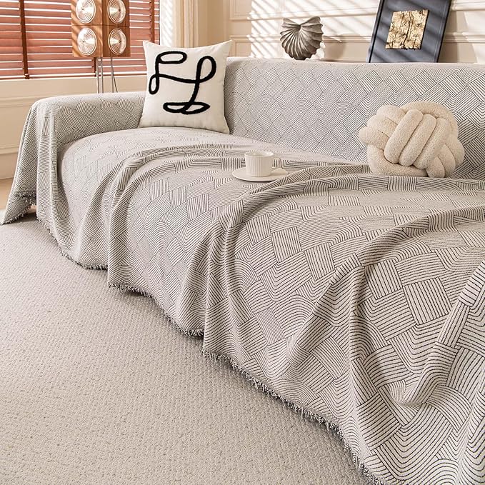ROOMLIFE Beige Waterproof Sofa Cover, Boho Couch Cover for 3 Cushion Sofa, Non Slip Chenille Sofa Slipcovers for Dog, Washable Furniture Sofa Protector Cover with Tassel for Living Room, 71''X118”
