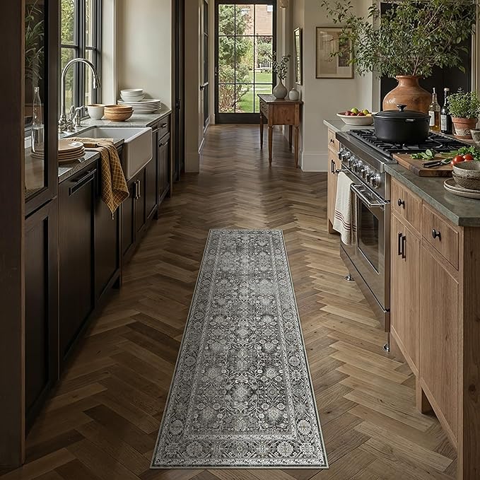 Black Runner Rug 2x5 Vintage Area Carpet Hallway Indoor Kitchen Washable Living Room Low Pile Traditional Distressed Retro Accent Throw Rug Non Slip for Laundry Bathroom Office Dining Room