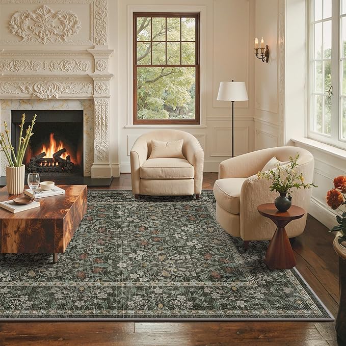 GENIMO 5x7 Washable Area Rug, Non-Slip Vintage Boho Floral Carpet, Soft Low-Pile Thin Bedroom Rug for Living Room, Dining Room, Nursery, Black