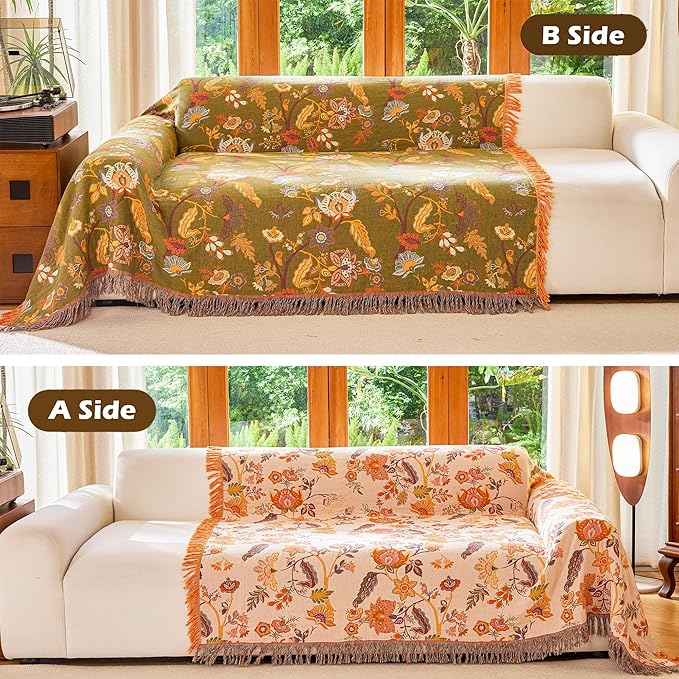 Boho Throw Blanket 80" x 90", 100% Organic Cotton Breathable Skin-Friendly Ultra Soft Bed Quilt Throw - Floral Rustic Decor Luxury Reversible Blanket for Sofa Couch Chair and Gift,