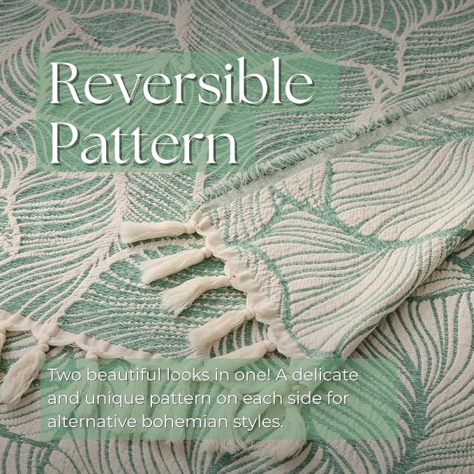 DOWN HOME Chenille Cotton Throw Blanket for Couch, Lightweight Boho Blanket for Bed Sofa Chair Living Room Outdoor Soft Woven Decorative Blanket with Tassel Gift Green Leaves 50"x70"