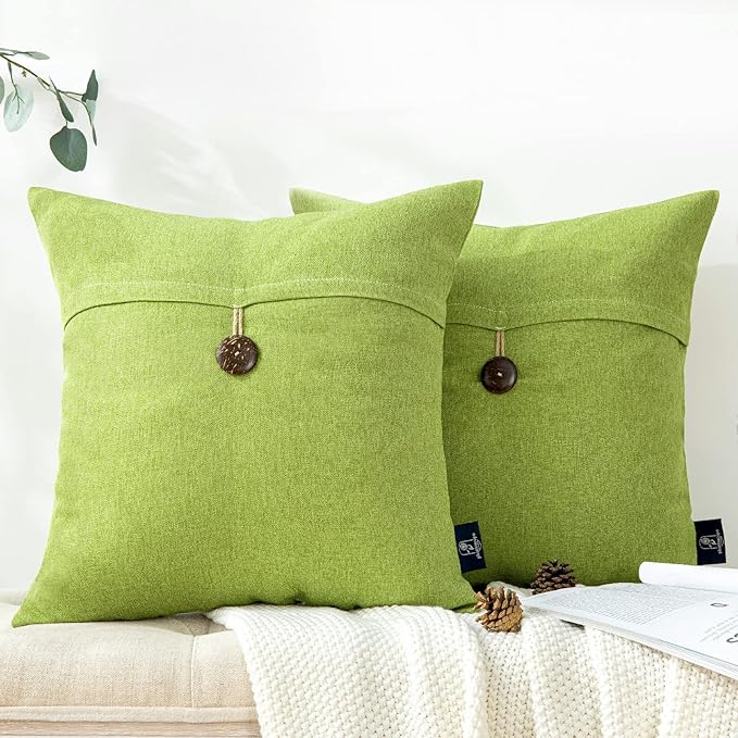 Phantoscope Pack of 2 Throw Pillow Covers Premium Coconut Button Vintage Linen Solid Decorative Pillow Cover for Couch Bed and Chair Yellow Green 18 x 18 inches 45 x 45 cm