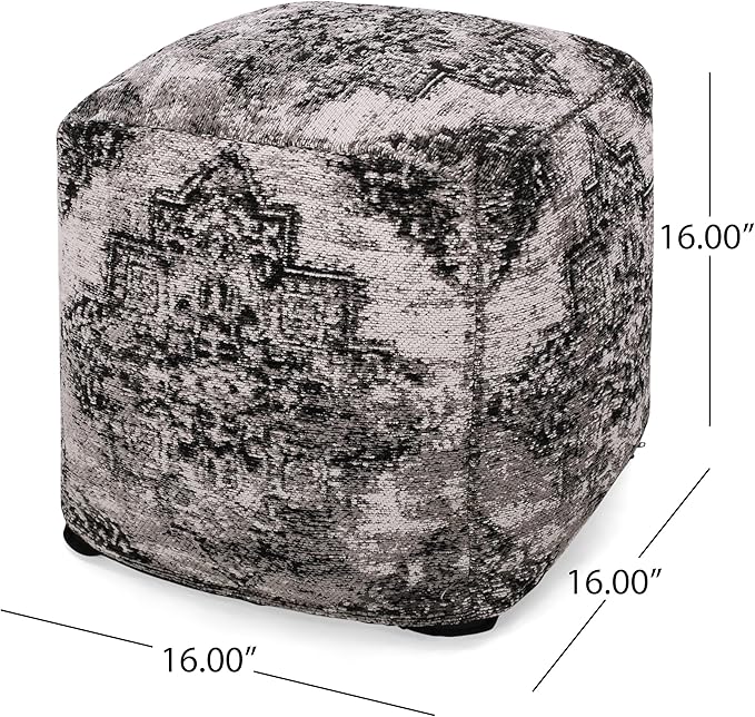 GDFStudio Boho Handmade Fabric Cube Pouf Ottoman Foot Stool - Bean Bag Floor Chair - Foot Rest Couch for Living Room Bedroom,Black and Beige,16"" x 16"" x 16"", 312604N