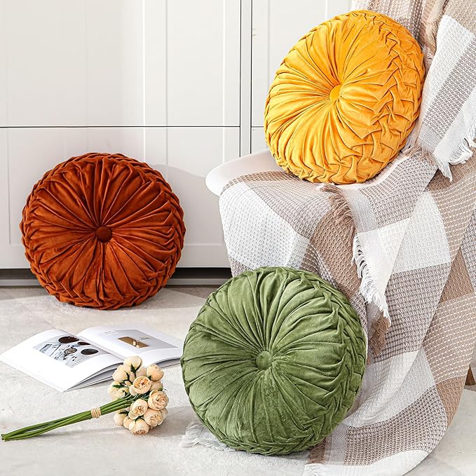 Round Throw Pillows Decorative Pleated Throw Pillows 15'' Diameter Accent Pumpkin Boho Chair Cushion for Couch Sofa Home Decoration(Yellow,1 Pcs)