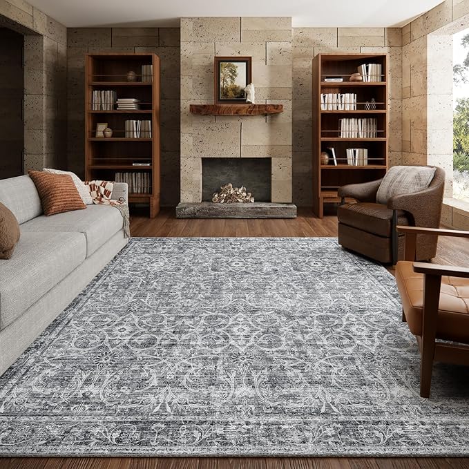 6x9 Washable Rug Vintage Fade Resistant Boho Distressed Non-Slip Indoor Large Carpet Low Pile Lightweight & High-Traffic Safe for Bedroom, Dorm, Playroom - Farmhouse Decor