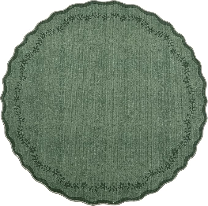 GarveeHome Round Area Rugs 6ft for Bedroom, Solid Dark Green Washable Circle Rug Soft Non Slip Floral Print Floor Mat Leaves Carpet Indoor Thin Rug for Living Room Dining Room Playroom Nursery