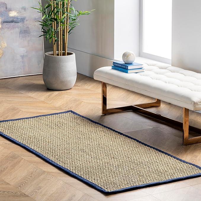 Nuloom Elijah Navy/Natural, 2'6" x 8', Basketweave, Seagrass, Soft and Textured, High Traffic, Stain Resistant, Easy Clean, Durable Area Rug for Bedroom, Living Room, Dining, Den, Foyer, Entryway