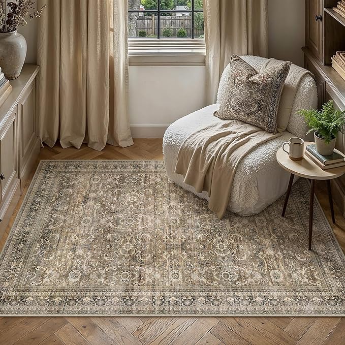 HUGEAR 3x5 Entryway Area Rug Vintage Brown Small Rug Machine Washable Door Mat Retro Floral Mid Pile Carpet Soft Thicker Distressed Throw Rug Entrance Kitchen Bedroom Bathroom Non Slip