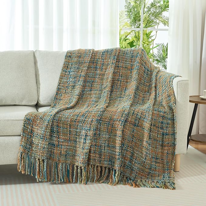 Multi-Color Gold Green Cable Woven Throw Blanket for Couch,50"X60" Boho Style Textured Blankets for Home Decor,Super Soft Warm Cozy Chunky Blanket with Decorative Tassels for Bed