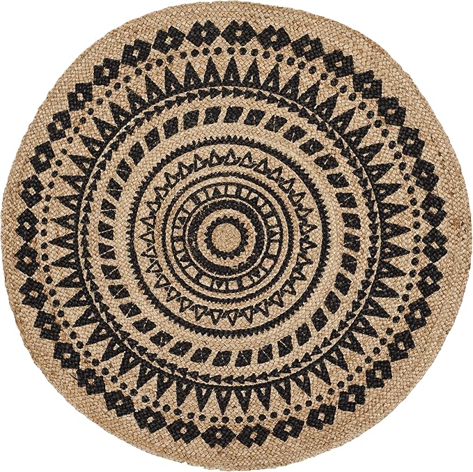 SAFAVIEH Natural Fiber Collection Area Rug - 5' Round, Black & Natural, Handmade Boho Mandala Braided Jute, Ideal for High Traffic Areas in Living Room, Bedroom (NF802K)