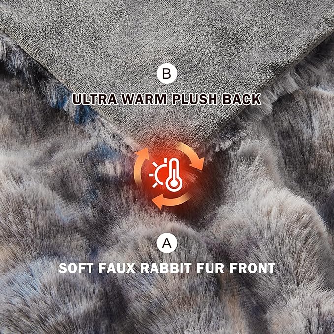 EMME Faux Fur Blanket Twin Size Tie-Dye Dark Gray - Big Bubble Rabbit Cozy Blanket for Couch, Thick Furry Plush Shaggy Blankets, 650GSM, 60x80 Inches