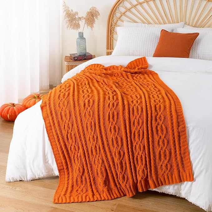 Battilo Burnt Orange Throw Blanket for Couch, 51" x 67", Soft Warm Cozy Chenille Knit Blanket Boho Halloween Blanket Fall Decor, Fall Throw Blanket for Bed, Sofa, Living Room