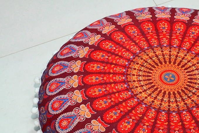 Round Mandala Floor Pillow Cover Seating Cushion Throw Cover Ottoman Pouf Cover Pom Pom Pillow Cases Hippie Decorative Bohemian Boho Indian 22 Inches (Maroon)