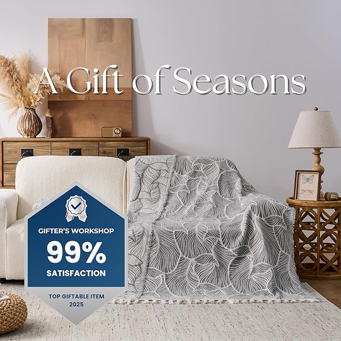 DOWN HOME Chenille Cotton Throw Blanket for Couch, Lightweight Boho Blanket for Bed Sofa Chair Living Room Outdoor Soft Woven Decorative Blanket with Tassel Gift Grey Leaves 55"x60"