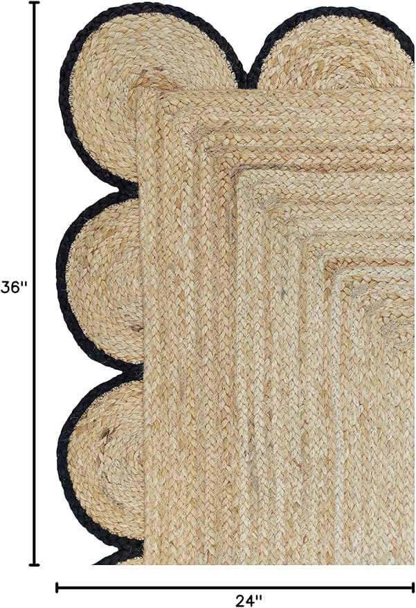 Scalloped Natural Jute Area Rug, Black Trim, 2'x3'