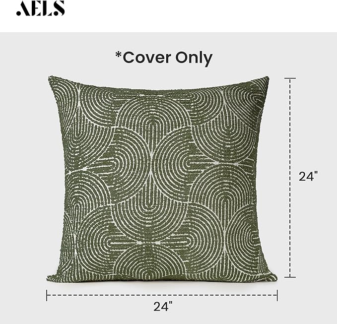 AELS Boho Decorative Textured Throw Pillow Covers 24x24, Modern Mid Century Rainbow Tufted Pillow Case, Farmhouse Rustic Geometric Woven Cushion Case for Bed Couch Sofa, Olive Green
